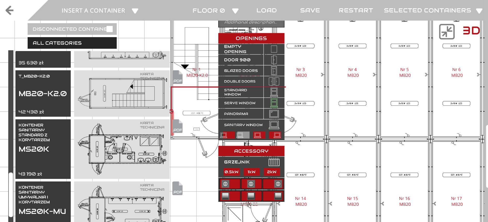 2D plan editor with module catalogue, pricing, openings and accessories