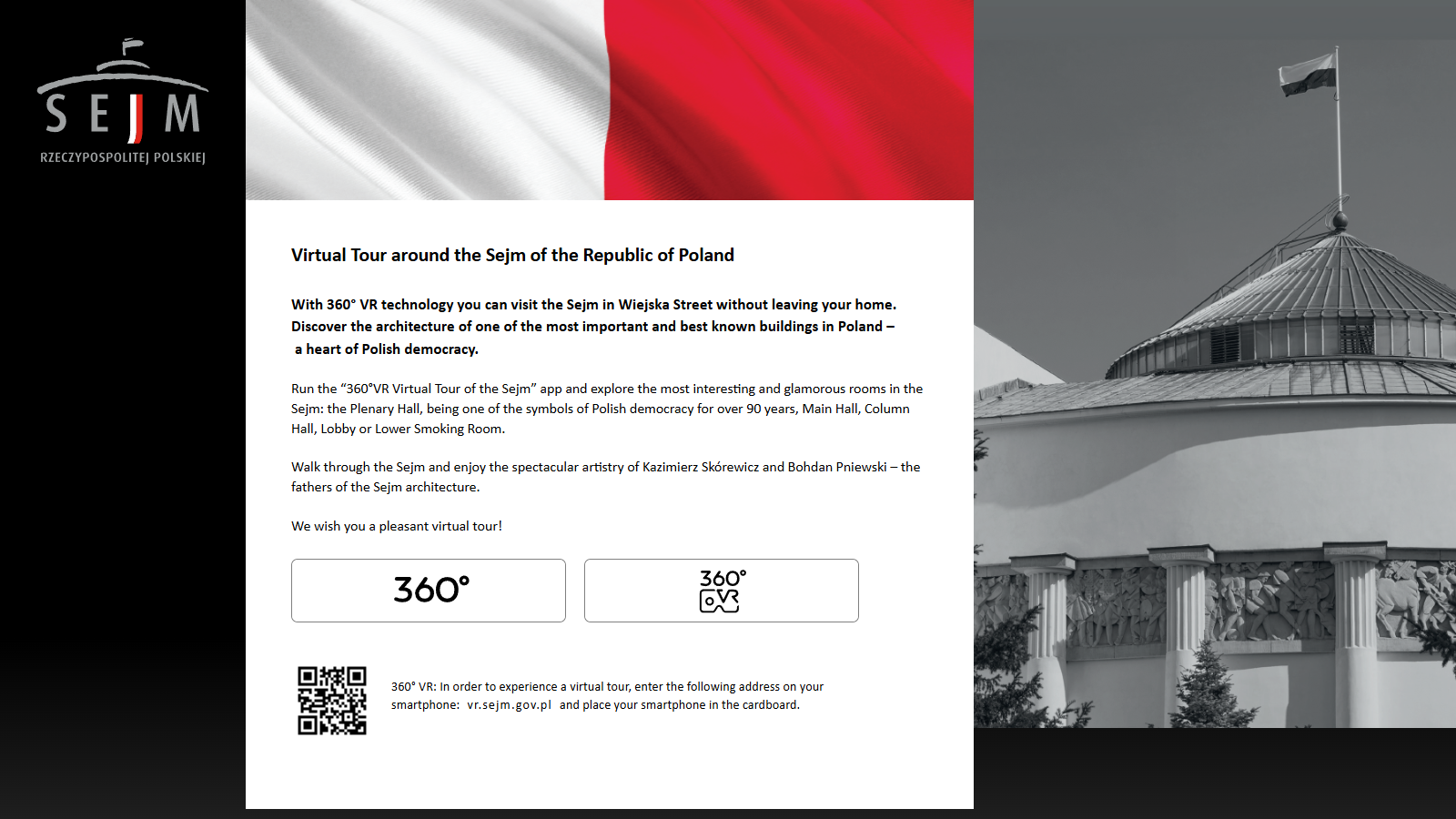 Official landing page of the Sejm virtual tour at vr.sejm.gov.pl