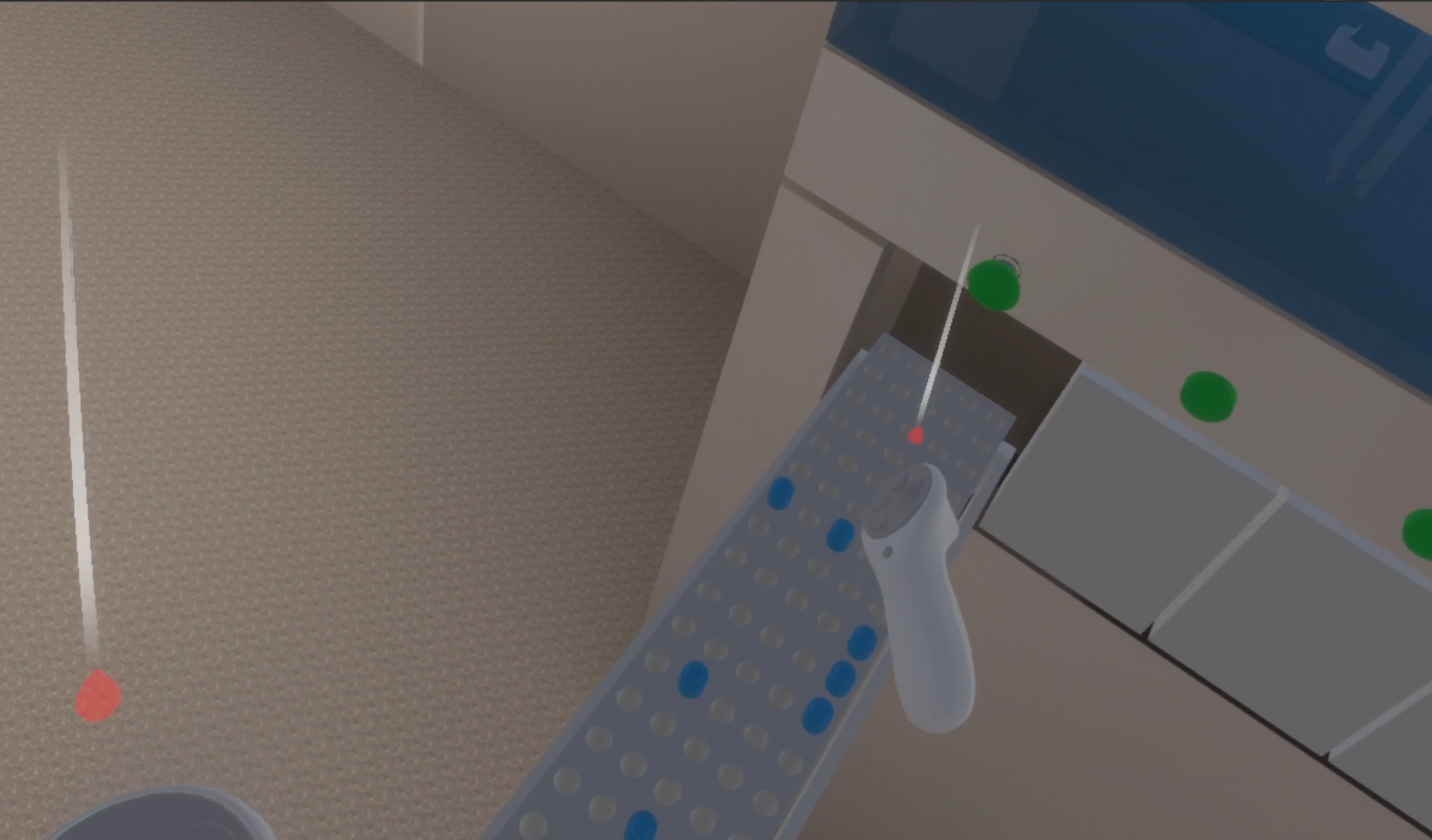 First-person VR view — handling a sample tray with a motion controller